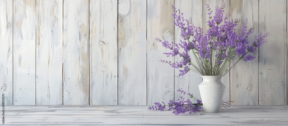 Poster lavender flowers in a bouquet against a white old wooden backdrop with dry sprigs on a table in a wo