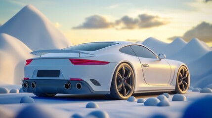 Obraz premium White sports car parked on a snowy mountain road at sunset.