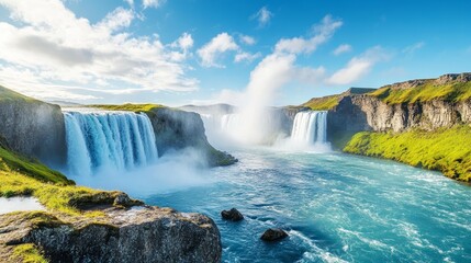 Fototapeta premium Breathtaking view of Godafoss waterfall in Iceland. Located in Bardardalur valley, Skjalfandafljot river, Europe. Discover the world's beauty through popular landmarks.