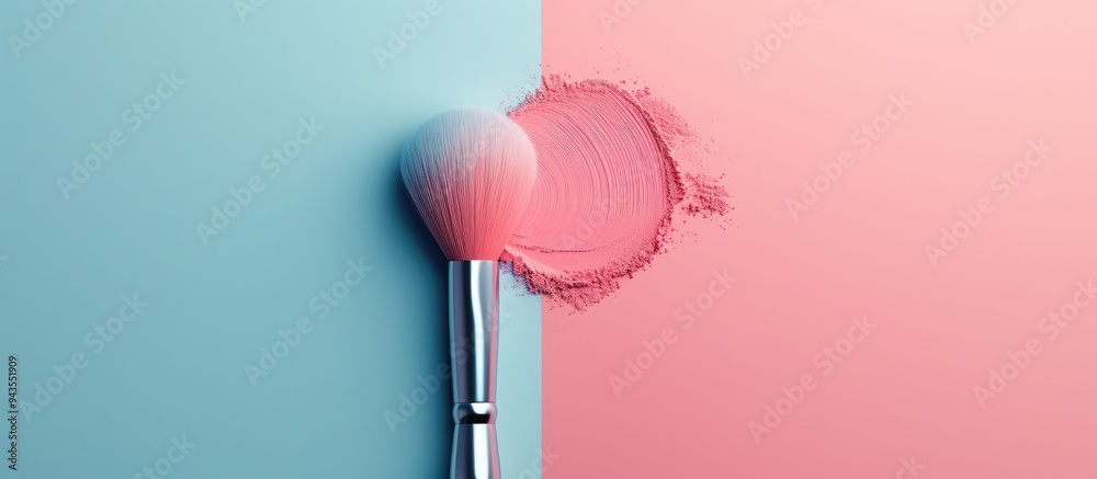 Poster An elegant makeup brush is placed on a universal tone blush swatch against a pastel background creating a copy space image Top view showcases product design