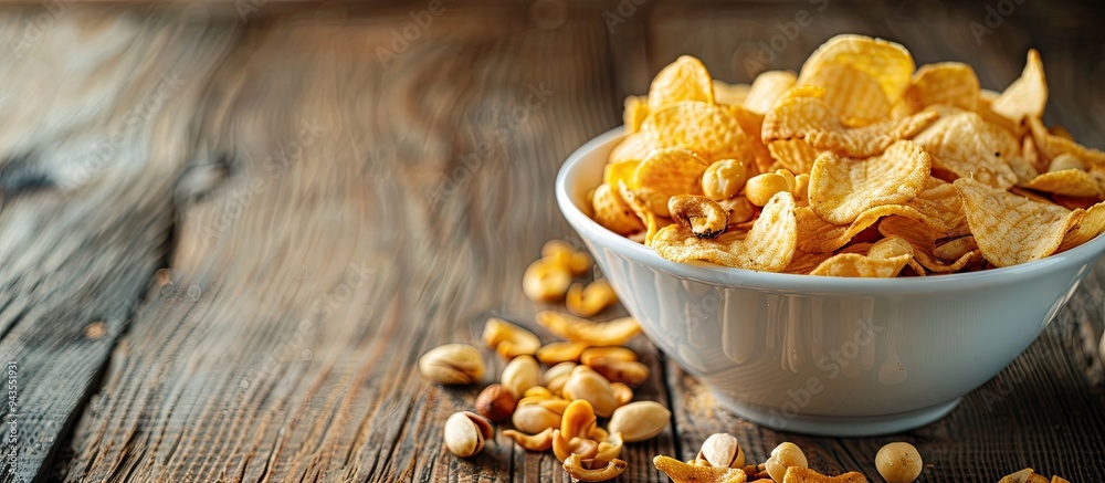 Poster close up of a bowl filled with crispy salty snacks like nuts and chips on a wooden backdrop perfect 