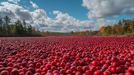 Fototapeta premium Vibrant red cranberries floating in a flooded field under a bright blue sky.