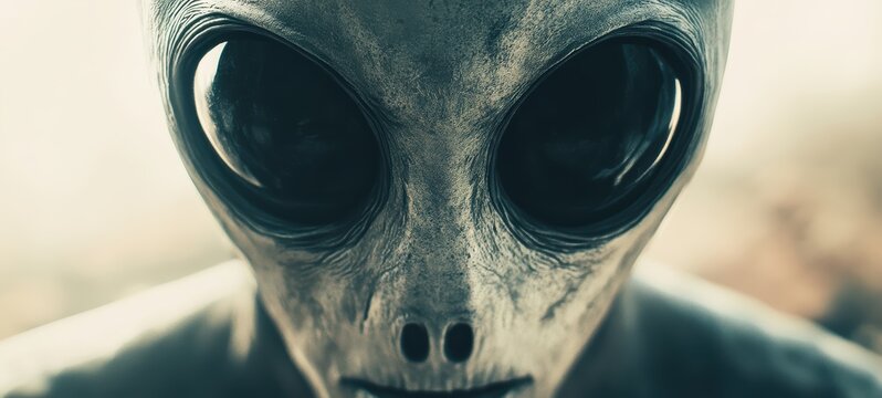 Alien mask with large, black eyes and a smooth, featureless face