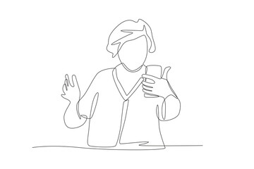 Old woman greeting via mobile phone. Active older women concept one-line drawing