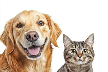 Happy dog and cat looking at the camera together isolated on transparent background, friendship between dog and cat, amazing friendliness of pets.