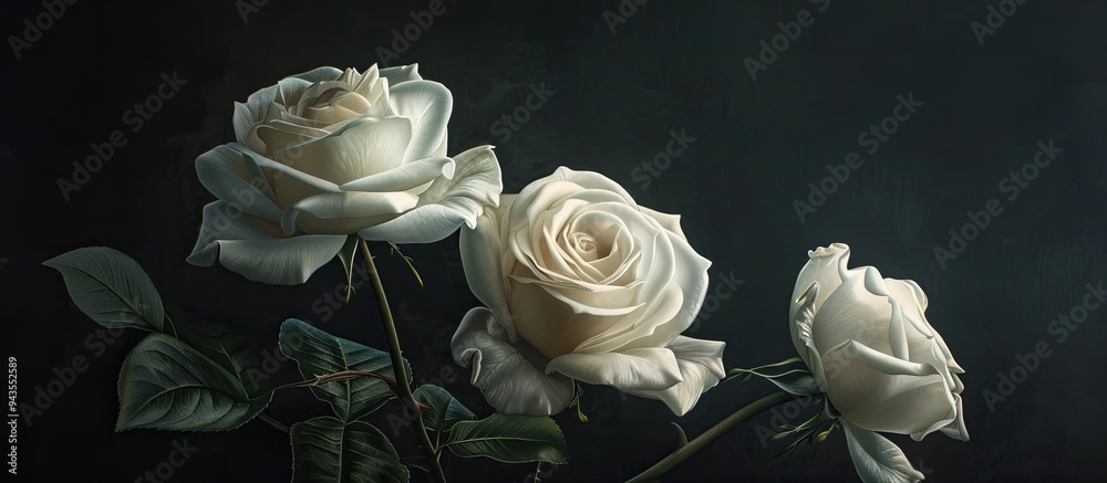 Poster three white roses displayed against a dark background with copy space image
