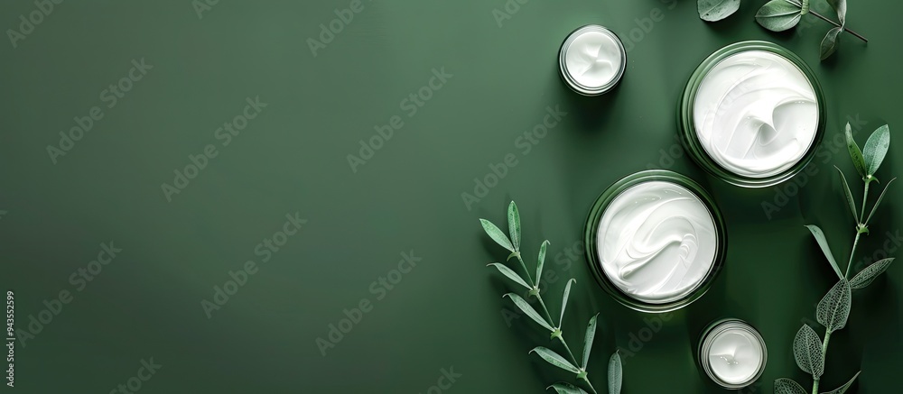 Poster Top view of face cream and gel on a green backdrop with space for text in the image. Creative banner. Copyspace image