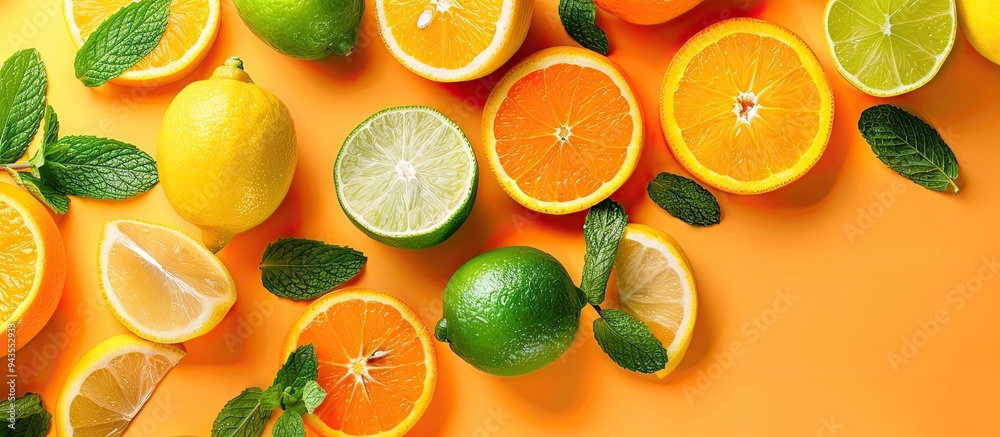 Sticker Summer citrus fruits like orange tangerine lemon and lime with mint leaves on a yellow background create a trendy food concept with a top view layout featuring copy space image