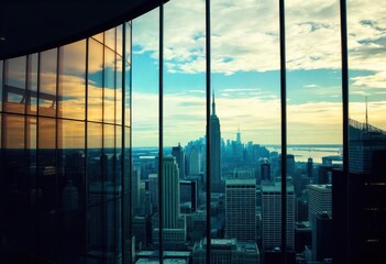 Fototapeta premium Looking Up Blue Modern Office Building, ai