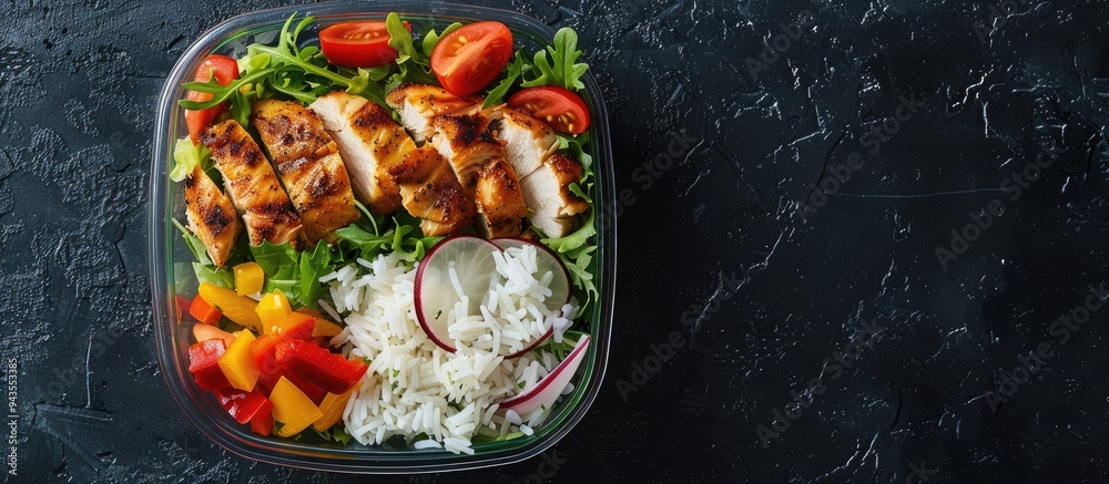 Aufkleber Fresh salad chicken and rice in a glass container on a black table from a top view perspective with room for text in the image. Creative banner. Copyspace image