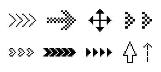 Set of arrows icon in pixel art. Arrow icon. Pixels design elements in the mood of 90's aesthetics. Y2k trendy stickers. 8 bit retro style vector illustration. Simple geometric form
