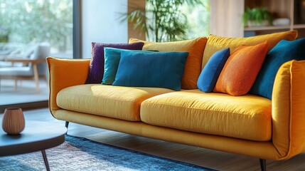 Obraz premium Sofa in a modern living room, with colorful cushions and a coffee table in front, Cozy, Bright, Detailed