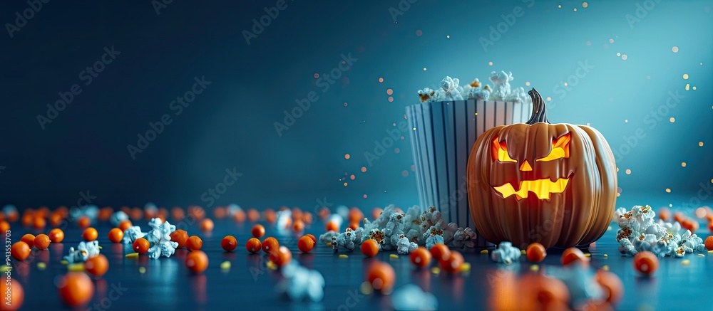 Poster A Halloween themed setup with a pumpkin popcorn and a blue background ideal for adding text or other elements. Creative banner. Copyspace image