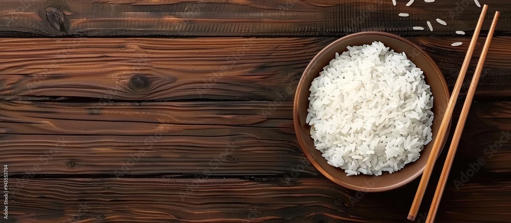 Aufkleber A delicious bowl of cooked rice with chopsticks on a wooden table suitable for adding text in the empty area of the image. Creative banner. Copyspace image