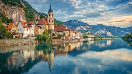 Fototapeta premium Durnstein, Austria, a picturesque village, is a gem in the Wachau Valley. The azure church stands out, its reflection shimmering in the tranquil Danube River.