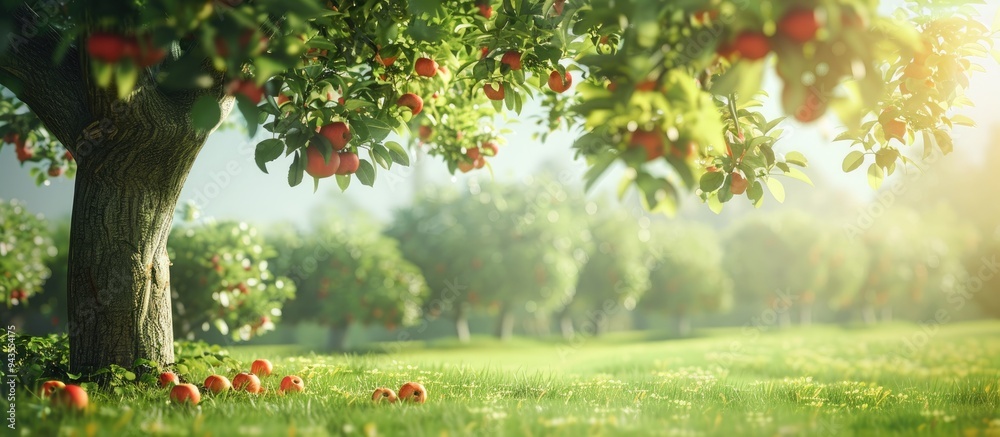 Poster organic apple tree in a lush orchard with a green copy space image