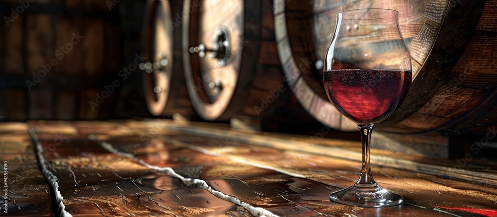 Aufkleber close up shot of a glass of red wine against an oak cask backdrop with reflections ideal for copy sp