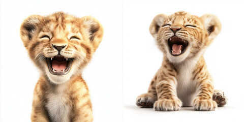 Obraz premium Adorable laughing lion cubs with cheerful expressions, perfect for wildlife and animal-themed projects.