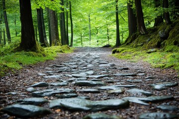 Naklejka premium An enchanting photograph of a stone pathway leading through a lush, green forest landscape, inviting exploration and a connection to the serenity of nature.
