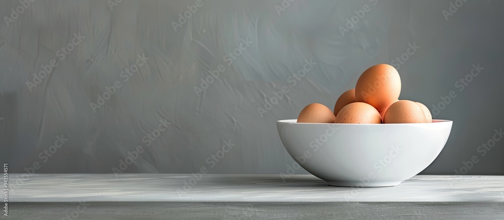 Poster copy space image of white bowl with boiled eggs on gray background