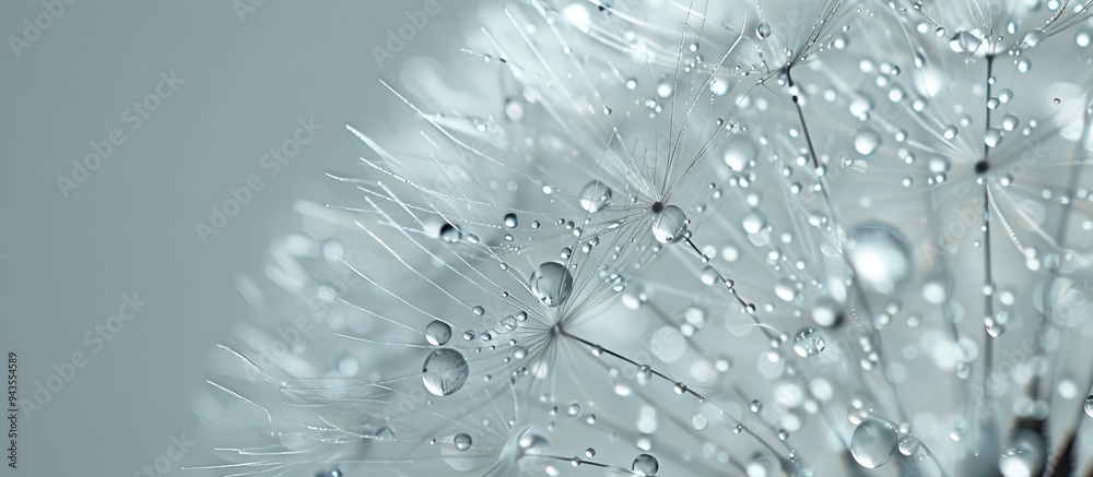 Poster Rain soaked dandelion fluff with water droplets in close up view suitable for a copy space image