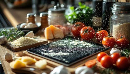 Tablet on a kitchen counter, displaying a recipe while ingredients are spread out, Creative, Bright, Detailed