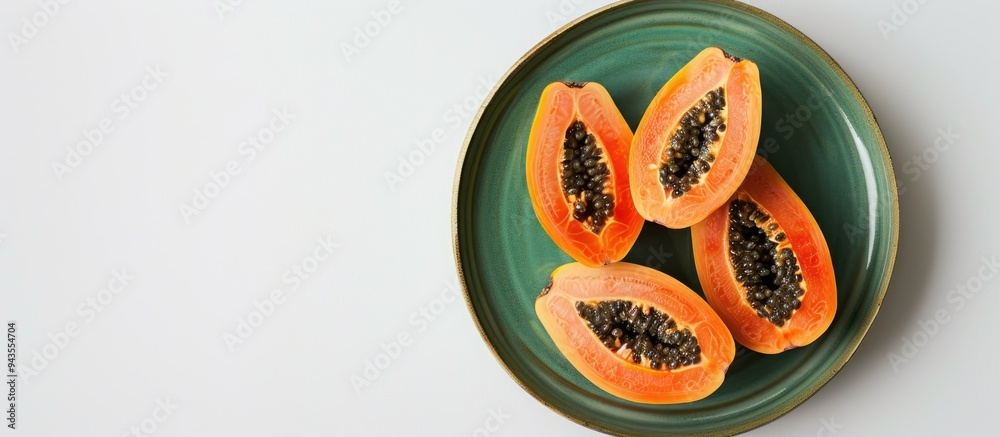 Poster freshly sliced papaya fruit on a green plate against a white backdrop with ample copy space image
