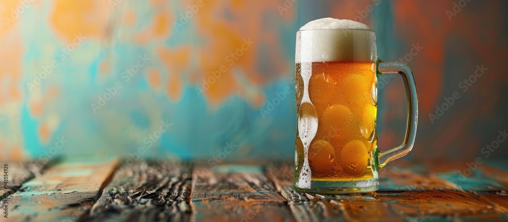 Poster Close up shot of a mug filled with fresh beer placed on a wooden table set against a colorful background with room for adding text. Creative banner. Copyspace image