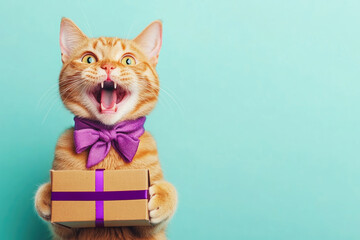 Cheerful orange cat with a wide smile, holding a gift box wrapped in purple ribbon, expressing excitement and joy.