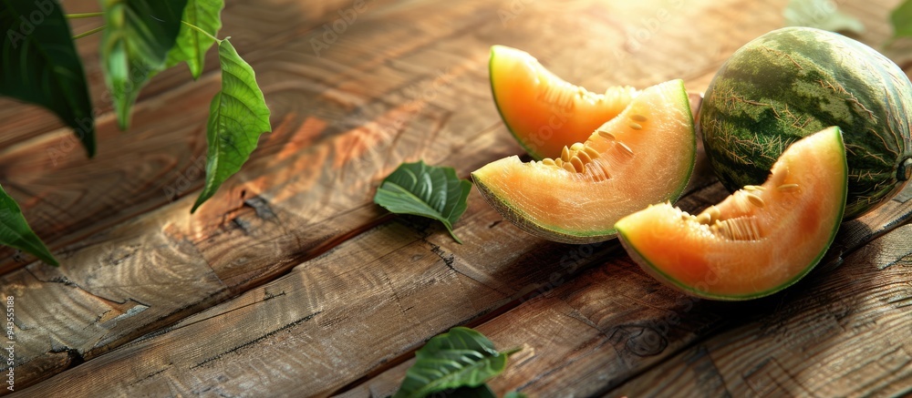 Poster fresh sliced muskmelon isolated on a wooden background with copy space image