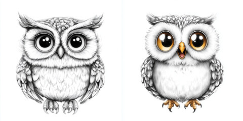 Fototapeta premium Cute and charming owl illustrations featuring expressive eyes and fluffy bodies, perfect for children's books or decoration.