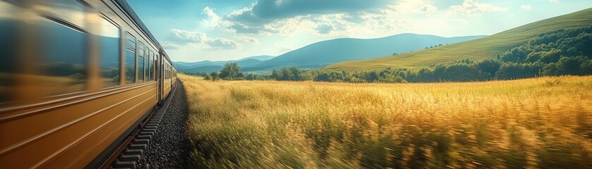 Obraz premium Train moving through a countryside landscape, with a focus on the tracks and scenery, Serene, Bright, Detailed