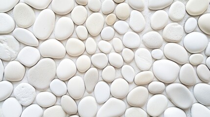 A circular arrangement of white pebbles, creating a clean and minimalist pattern that highlights the texture and shape of each stone.