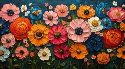 Cute oil painting of a pattern with smiling flowers and bees