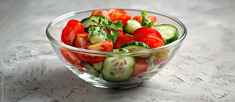 Poster fresh vegetable salad in a bowl with tomato and cucumber on a grey background ideal for copy space i