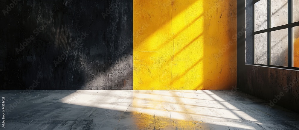 Aufkleber Background of a wall interior in a studio with black and yellow colors provides an ideal setting for showcasing products featuring shadows from a window with space for inserting text and displaying p