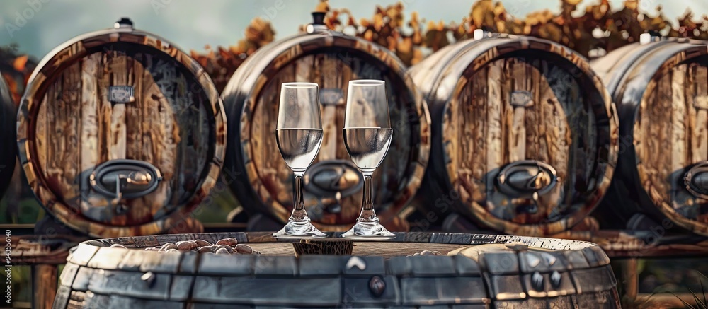 Poster wooden wine barrels with wine glasses atop set against a rustic vineyard backdrop offer ample copy s