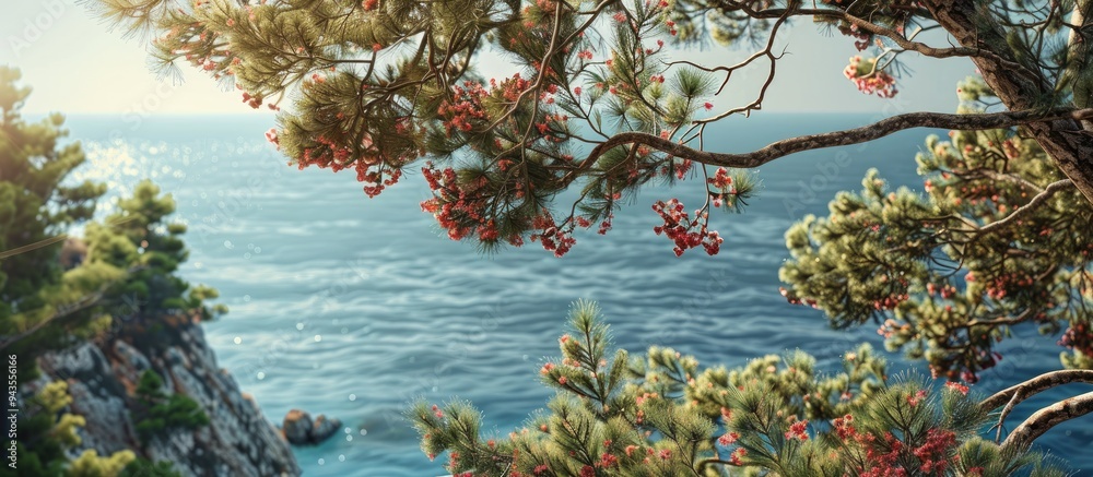 Aufkleber A picturesque scene showing pine tree branches with flowers on one side and the sea on the other creating a serene copy space image