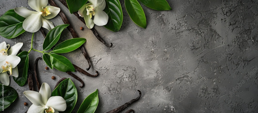 Leinwandbilder top view of vanilla pods leaves and flowers on a textured grey table with a designated area for text