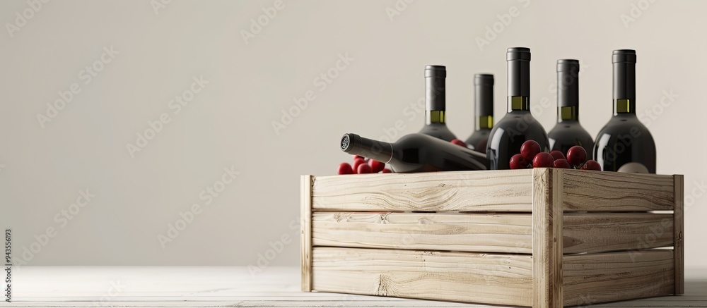 Poster wooden gift box with wine bottles on a white background featuring copy space image