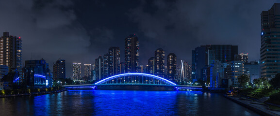 Obraz premium 日本 東京都中央区の隅田川大橋から眺める月島のマンション群の夜景とライトアップされた永代橋