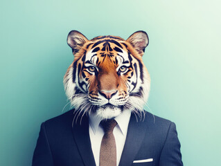 A tiger-headed figure in a formal business suit and tie, striking a powerful and authoritative pose against a blue background.