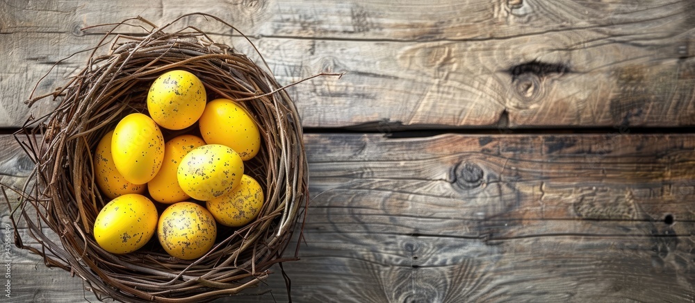 Poster celebrate easter with vibrant yellow eggs in a nest on a wooden table a creative top view decoration