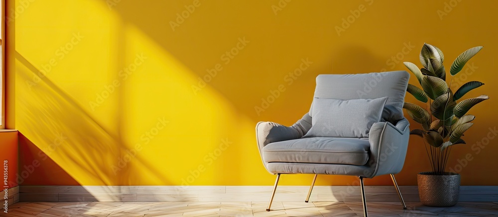 Aufkleber A chic grey armchair with a cushion is positioned next to a vivid yellow wall creating an ideal composition for a design with copy space image