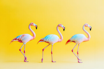 Naklejka premium Three elegant flamingos striding in a line against a vibrant yellow background, showcasing their delicate and vibrant plumage.
