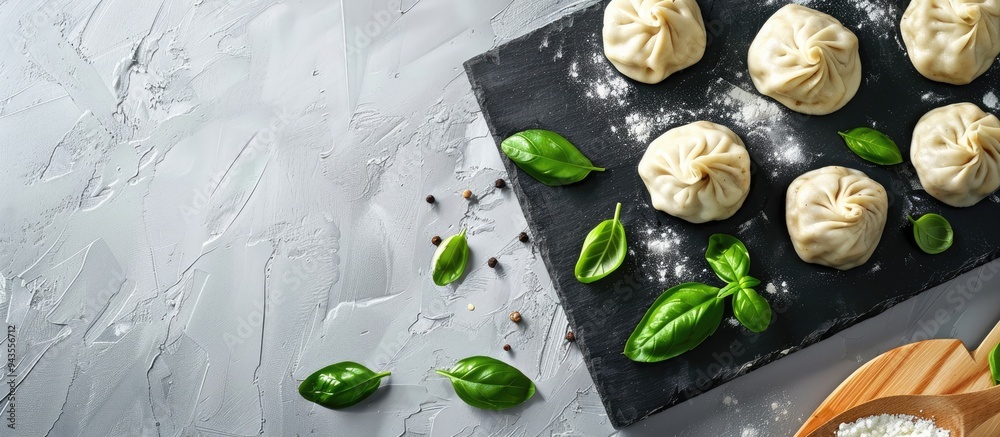 Fototapete Blackboard with uncooked dumplings and basil on a white backdrop creating a visually appealing copy space image
