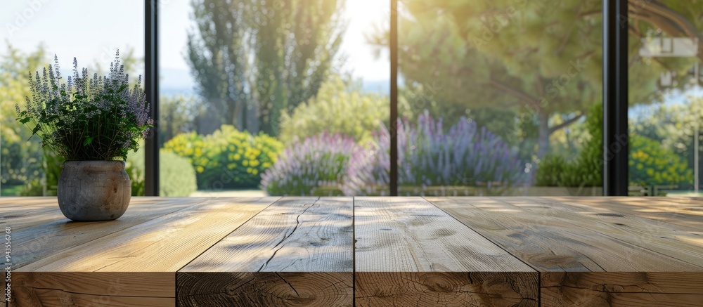 Poster Wooden table providing copy space image against blurred garden view from a home window ideal for showcasing advertising products