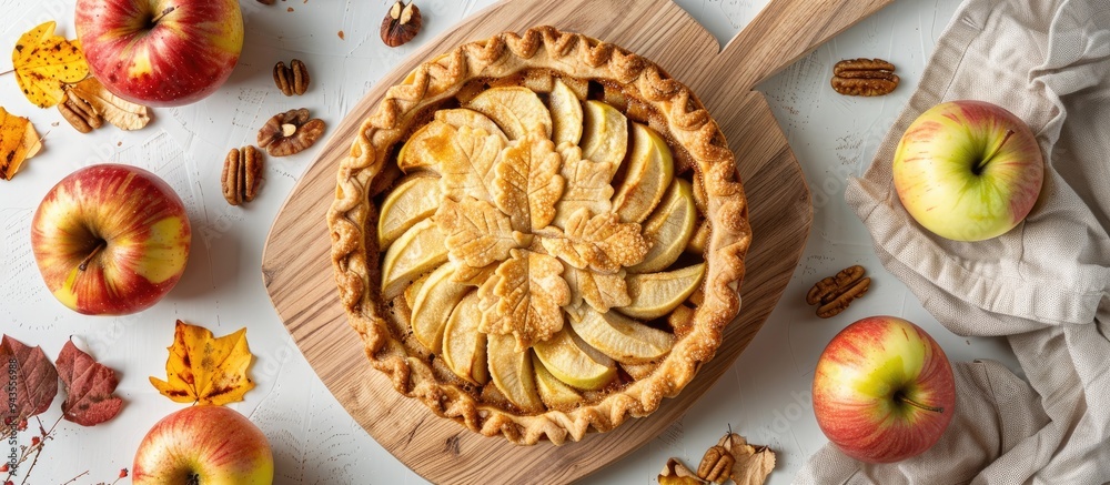 Poster Close up top view of a homemade golden crust apple cinnamon pie on a wooden cutting board with apples and walnuts on a white table offering copy space for an image
