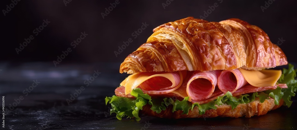 Poster a croissant club sandwich featuring savory ham and cheese layers displayed on a black backdrop showc