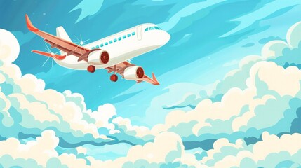 Naklejka premium Cartoon airplane flying with clouds, on white background